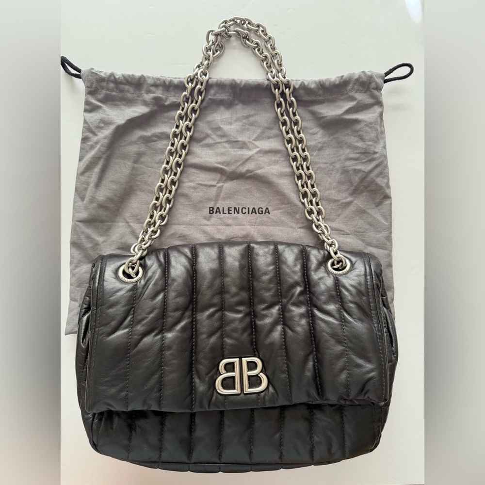 Authentic Balenciaga Logo Monaco Chain Bag S Quilted Thin Calf Black
